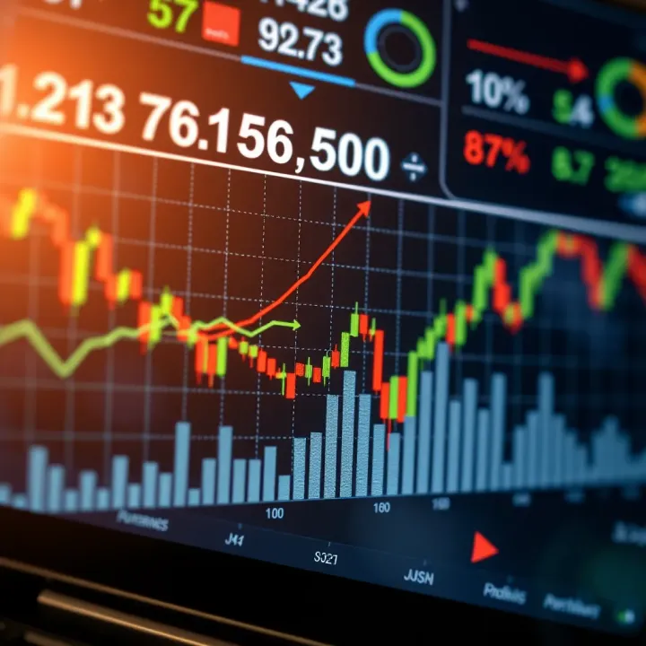Graph depicting a sharp decline in a major stock market index with economic indicators in the background