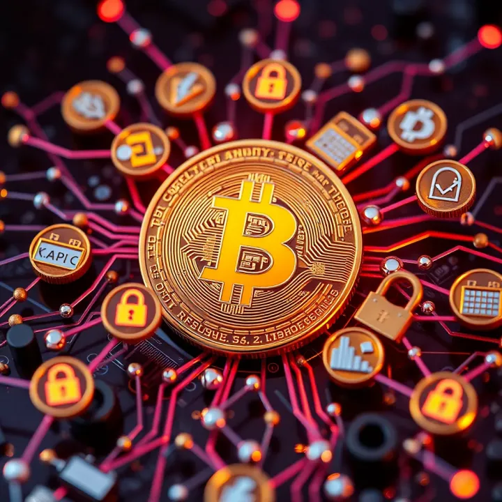 Digital representation of Bitcoin surrounded by secure technology symbols indicating blockchain security