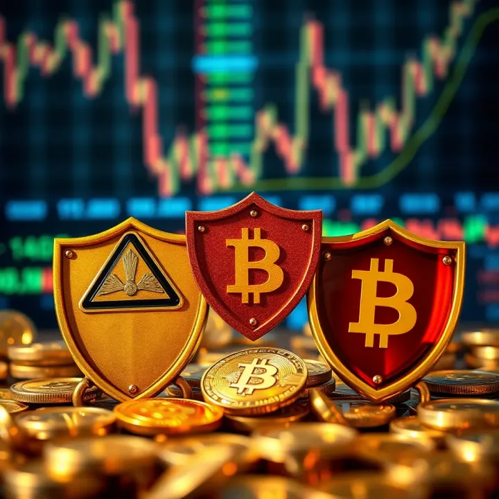 Conceptual graphic showing warning signs and protective shields symbolizing risk awareness in cryptocurrency trading