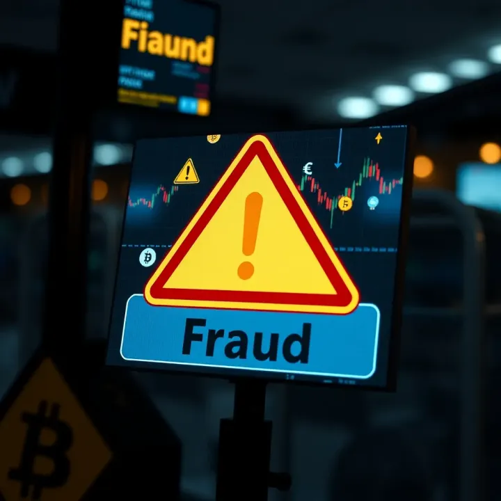 Illustration showing a digital warning sign with cryptocurrency symbols and alert icons indicating potential fraud in trading platforms