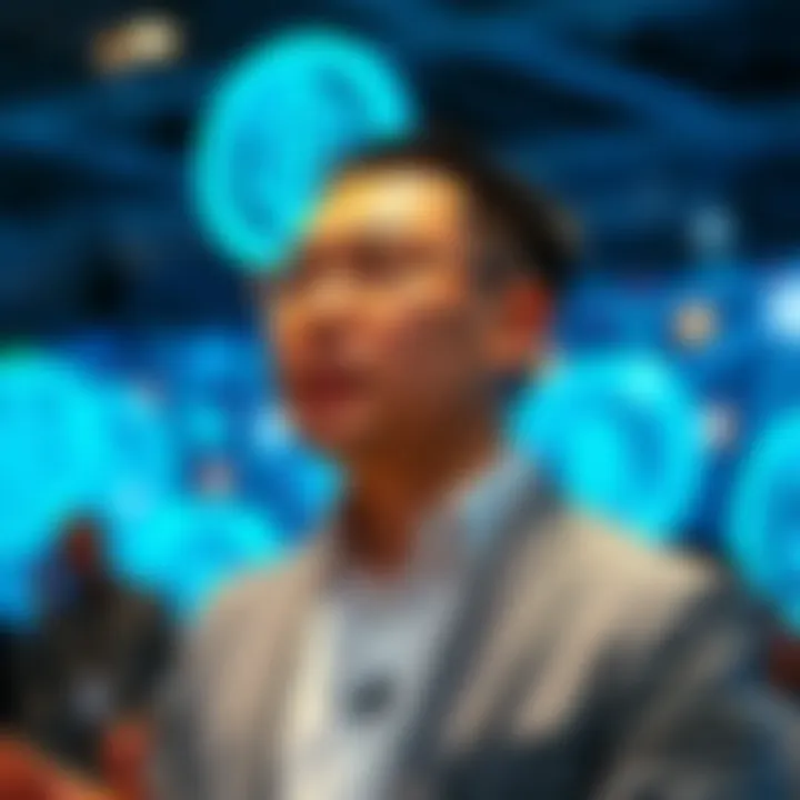 Ben Zhou speaking at a blockchain technology conference with digital cryptocurrency icons in the background