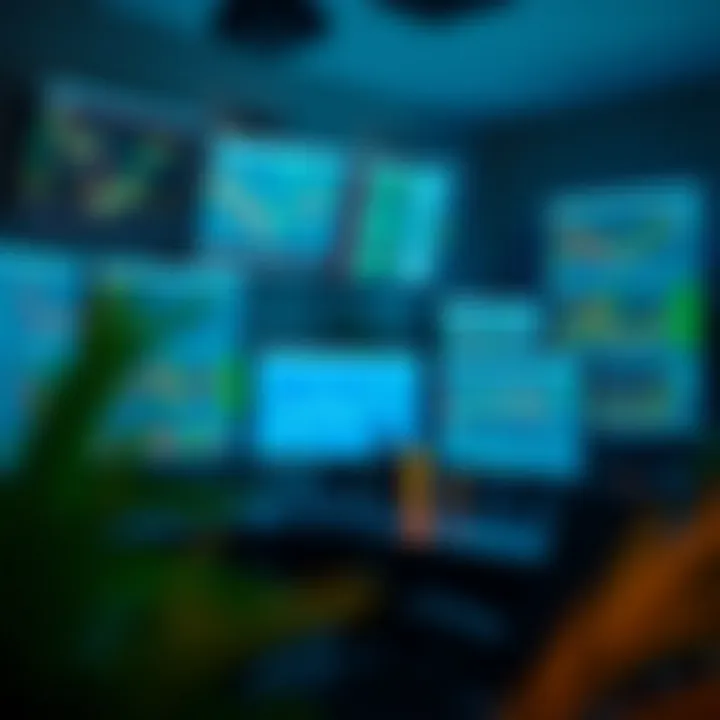 High-performance computer setup with multiple monitors displaying financial charts and trading platforms