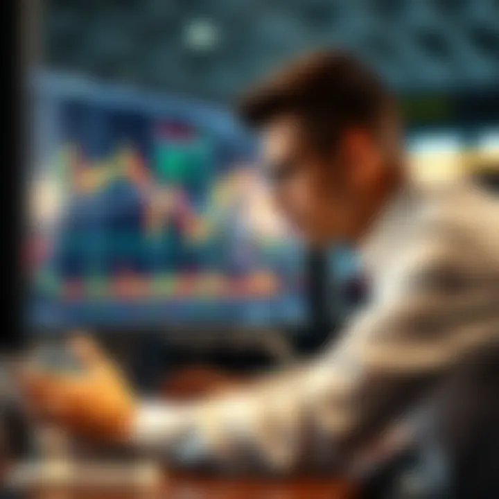 Financial trader analyzing currency charts with lot size and pip calculations on computer screen