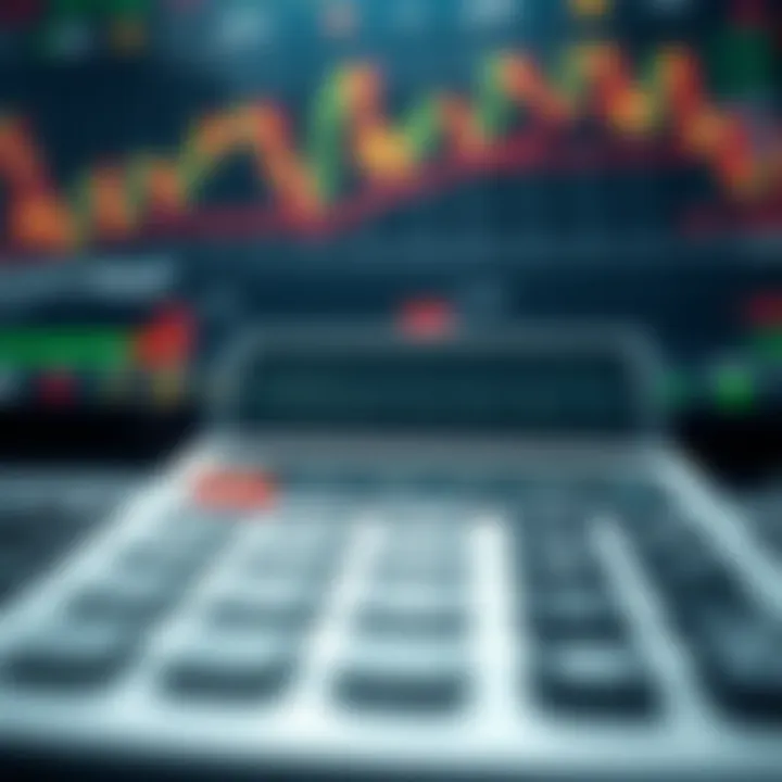 Calculator displaying trading lot sizes alongside financial charts and currency symbols