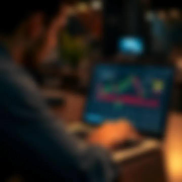 Financial trader analyzing pip counter tool on laptop with market data displayed