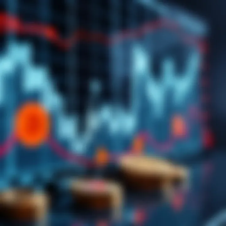 Risk Analysis and Market Trends in Crypto Trading Graph showing upward and downward trends with digital currency symbols and risk indicators