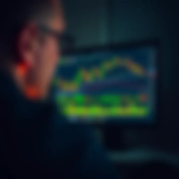 Illustration of a computer screen displaying a trading platform with virtual money and market charts