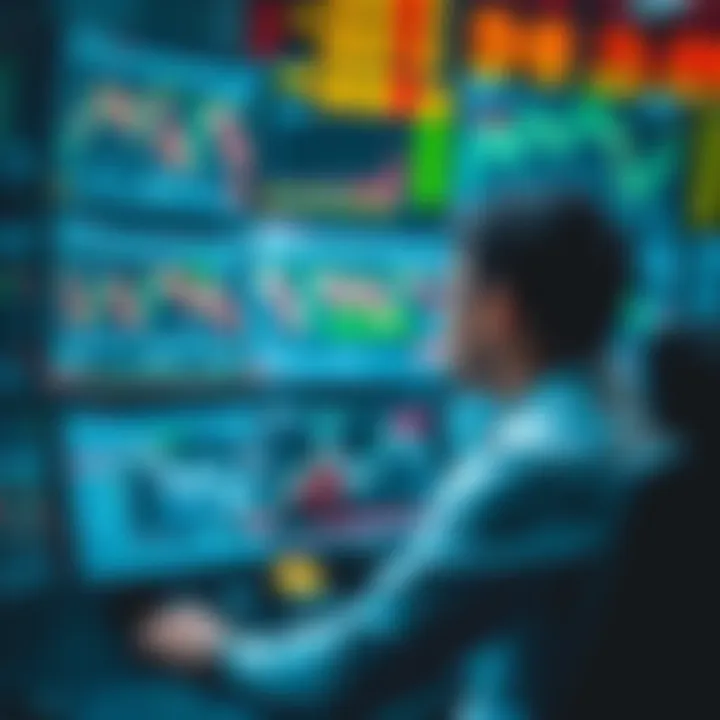 Illustration of a person analyzing forex market data with charts and signals on multiple screens