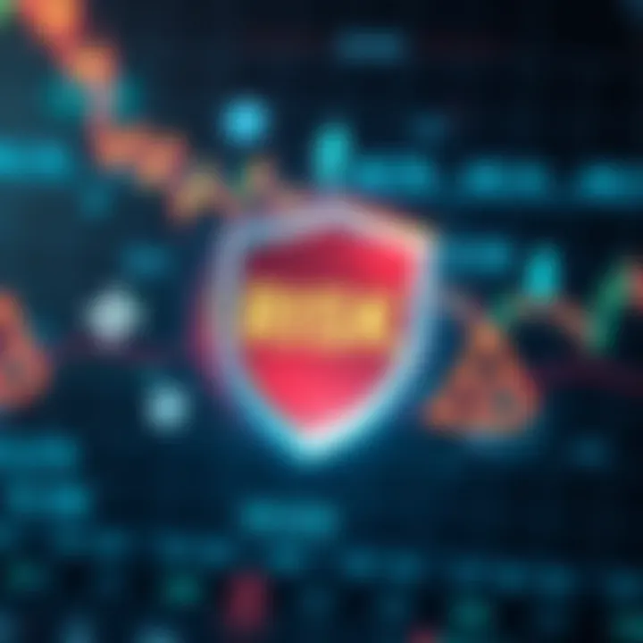 Conceptual illustration of risk management with protective shield and financial symbols