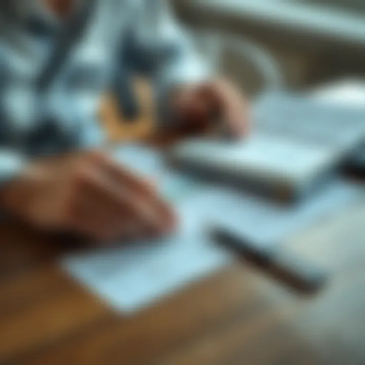 Traveler organizing travel documents and insurance papers on a wooden table with a passport and pen