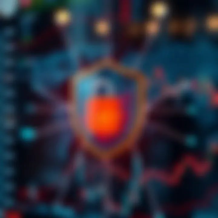 Graphic showing security shield and global financial markets connected by digital network