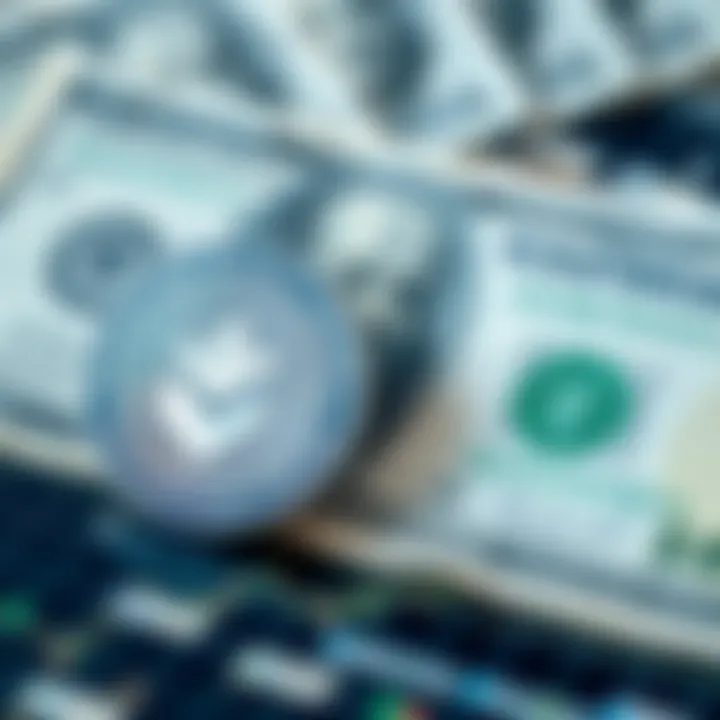 Digital representation of Tether cryptocurrency symbol next to a US dollar bill illustrating stablecoin concept