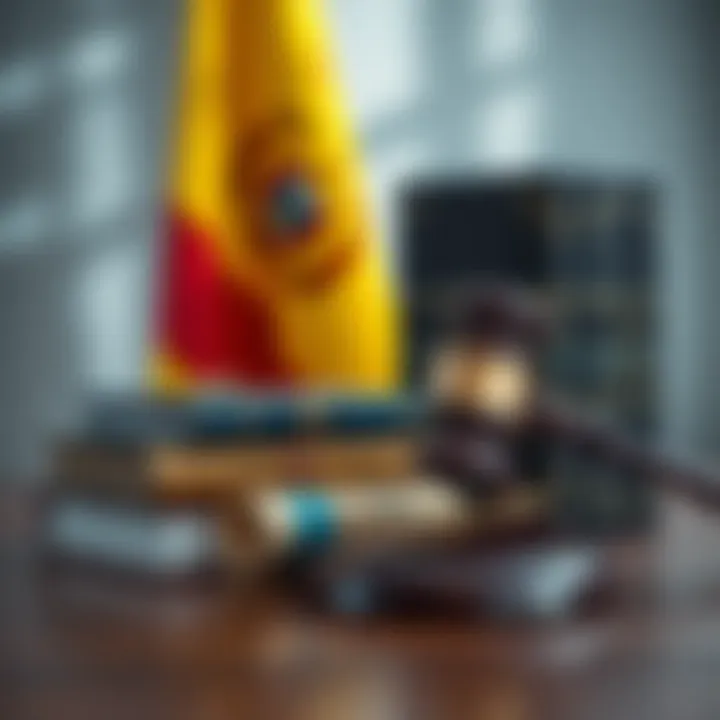 Legal books and a Colombian flag representing the legal context of utua in Colombia