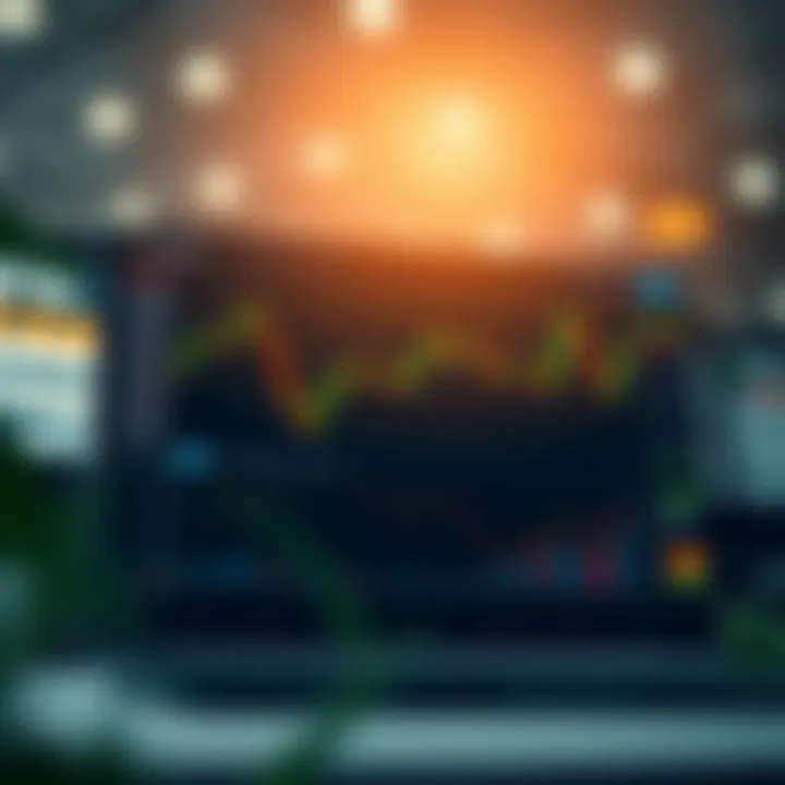 Illustration of a virtual trading dashboard showing market charts and financial data