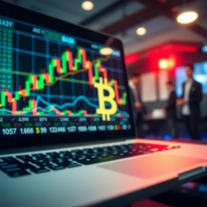 Representation of financial brokers offering no deposit bonuses with digital currency symbols and trading charts