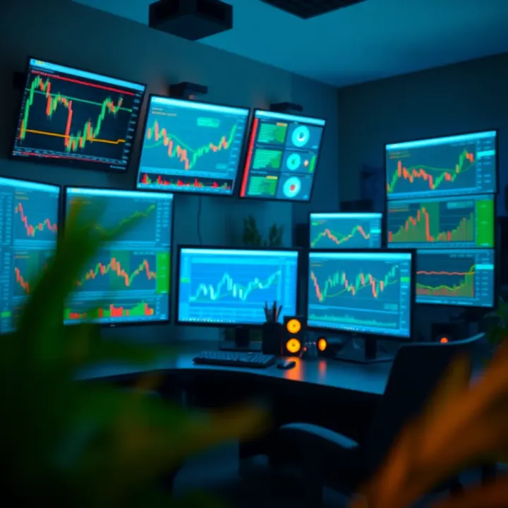 High-performance computer setup with multiple monitors displaying financial charts and trading platforms