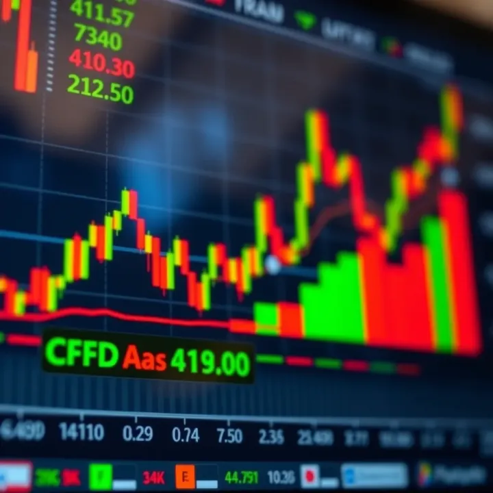 Chart showing upward and downward market trends with trading indicators for CFDs