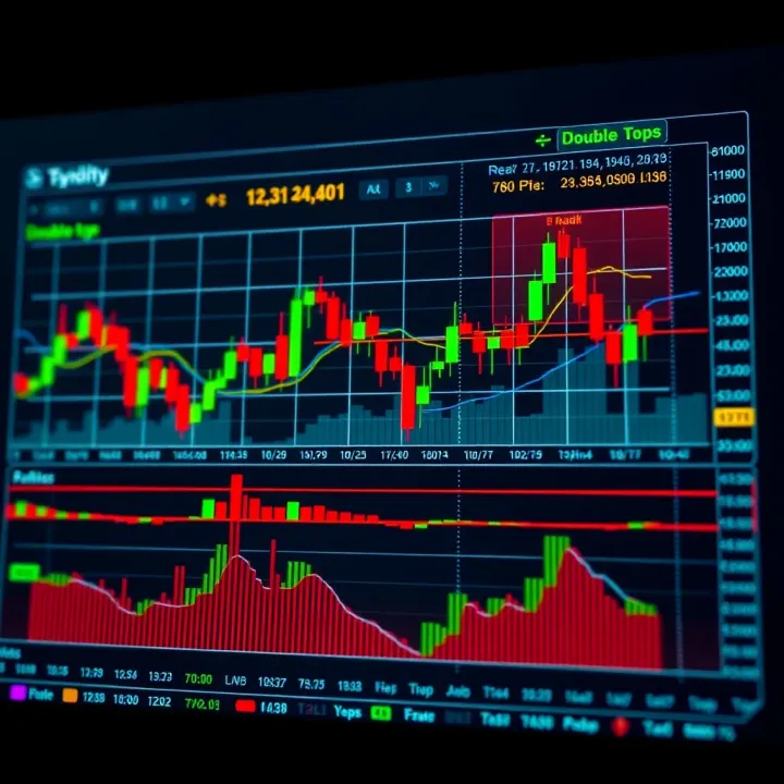 Chart showing various classic technical analysis patterns like head and shoulders and double tops