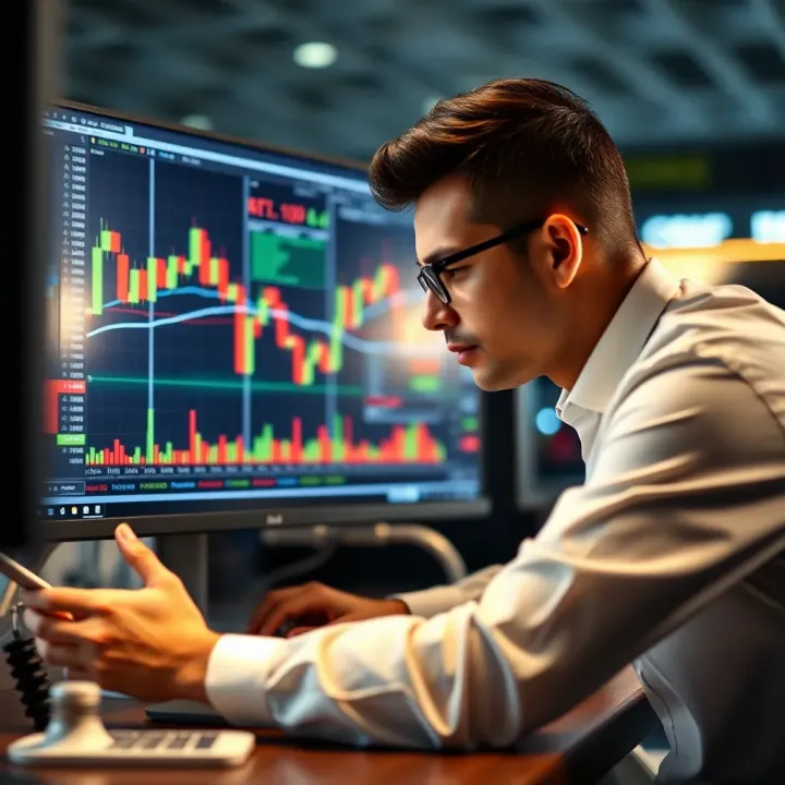 Financial trader analyzing currency charts with lot size and pip calculations on computer screen