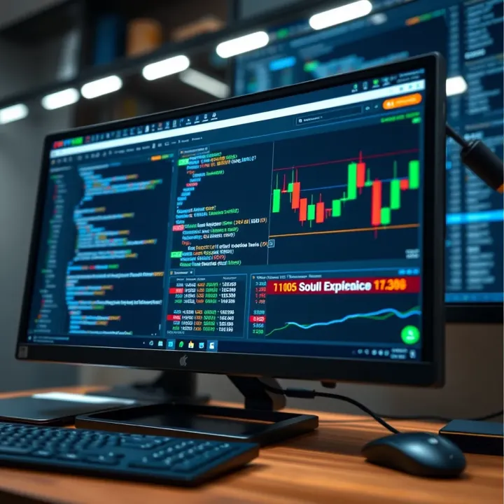 Illustration showing a computer screen with code and data charts representing API-based trading