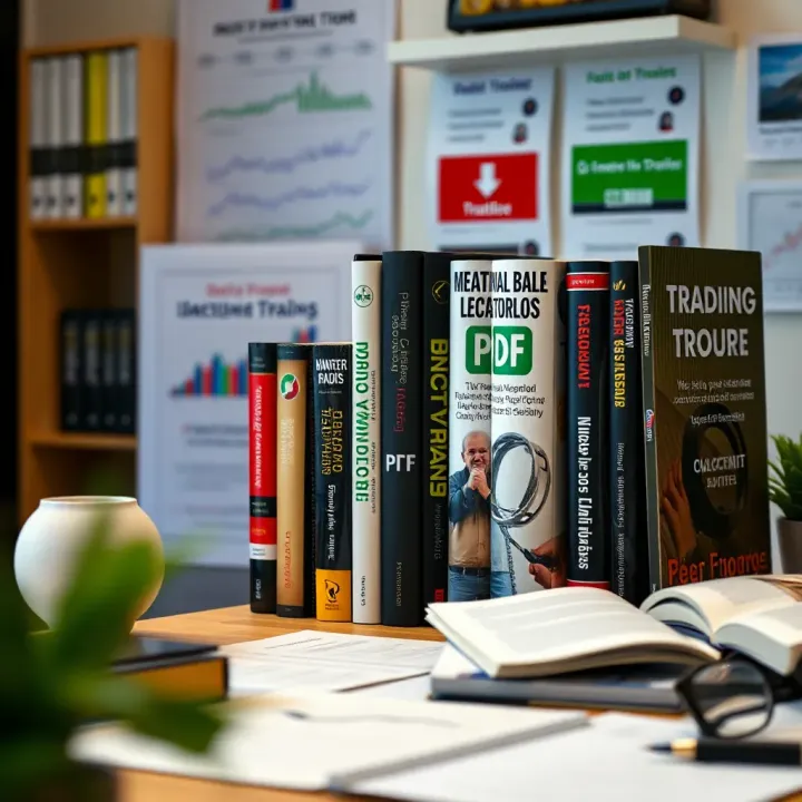 Collection of various trading books and PDFs organized on a desk