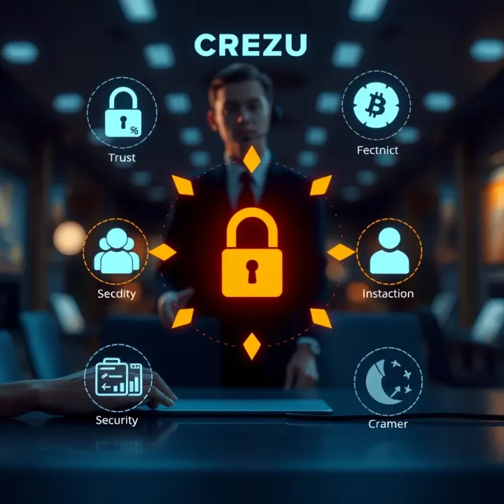 Trust and Security Features of Crezu with Customer Support Secure online transaction with financial icons and customer support symbols