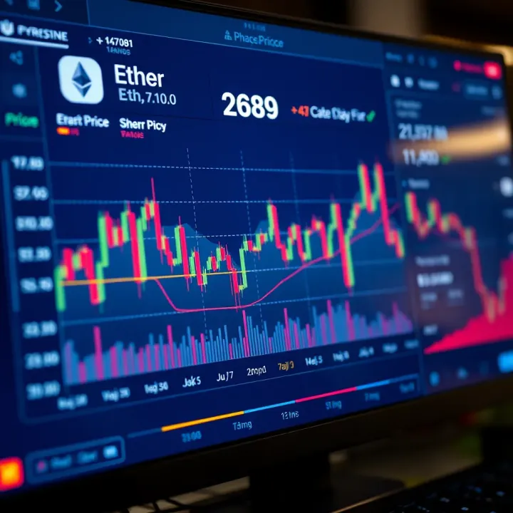 Interface of a cryptocurrency tracking platform displaying real-time Ether price fluctuations and trading volume
