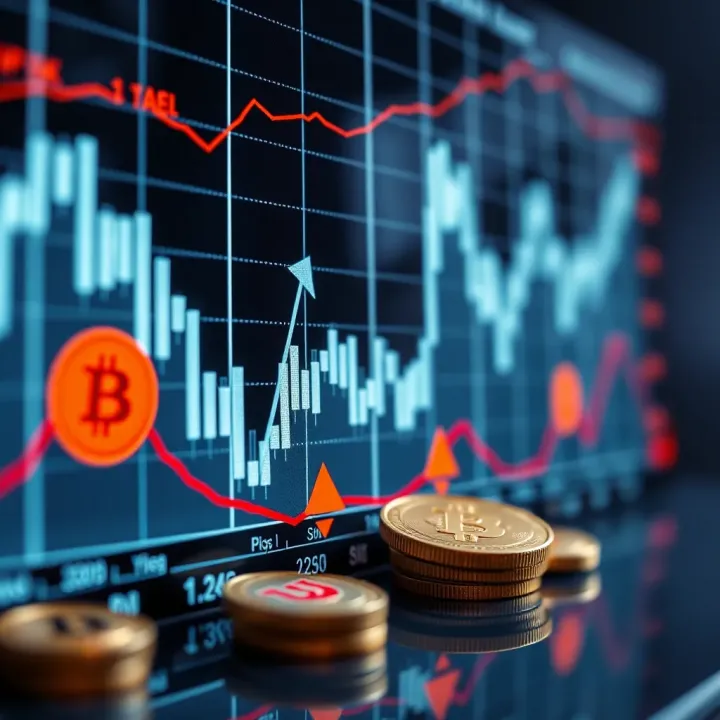 Graph showing upward and downward trends with digital currency symbols and risk indicators
