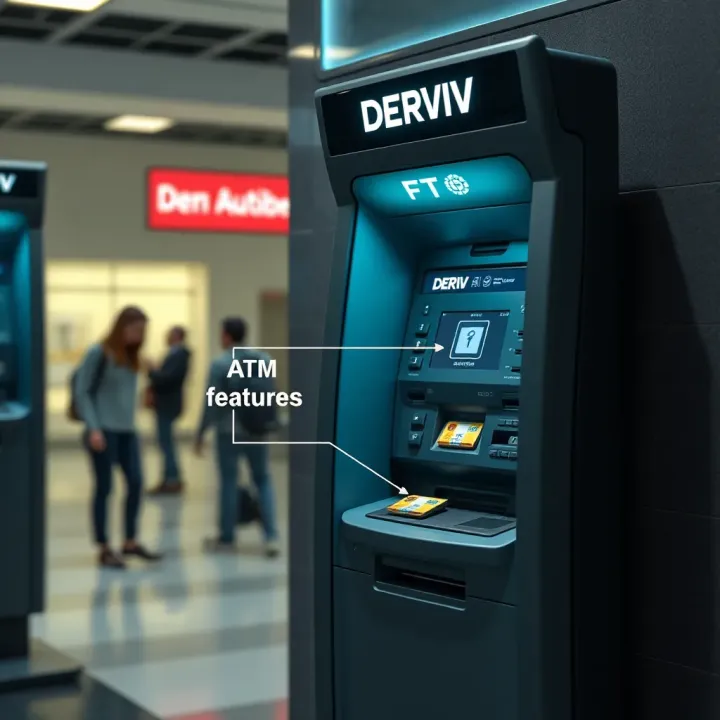 Illustration of a user interacting with a DERIV ATM highlighting security features