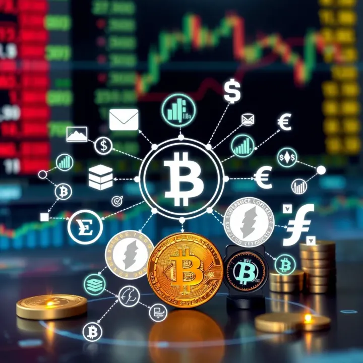 Illustration of various financial assets including stocks, cryptocurrencies, and forex symbols interconnected