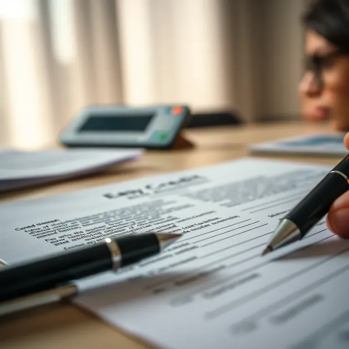 Close-up of credit agreement contract with pen on table