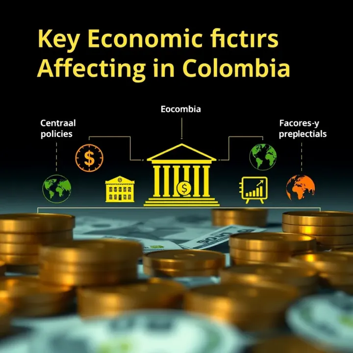 Illustration of economic factors influencing currency value with icons representing central bank policies, international markets, and domestic sectors