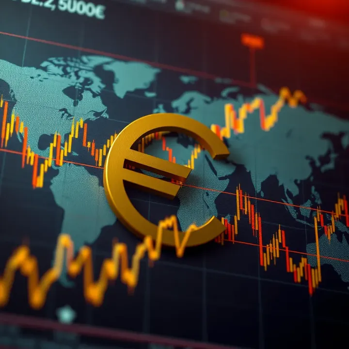 Euro currency symbol superimposed on a global financial chart with rising and falling trends