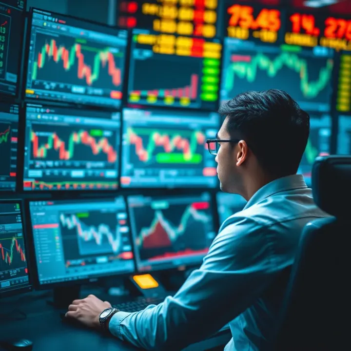 Illustration of a person analyzing forex market data with charts and signals on multiple screens