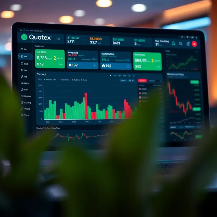 Dashboard interface of Quotex trading platform with demo account metrics visible