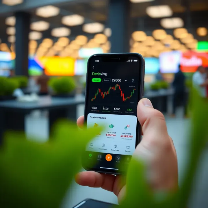 Smartphone displaying the Deriv app interface with financial graphs and trading options