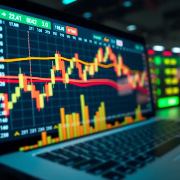 Chart showing upward trends and various financial indicators on a trading platform