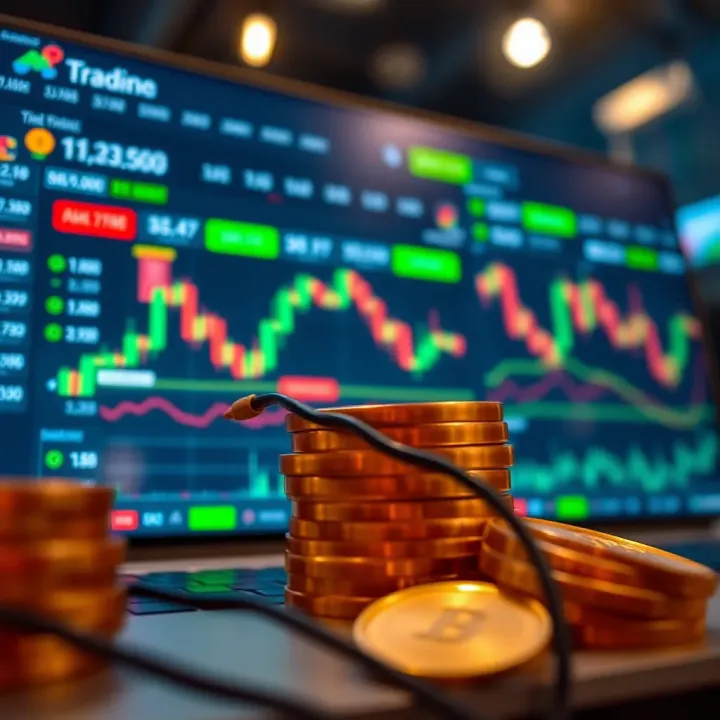 Illustration of online trading platform showing demo account dashboard and virtual funds