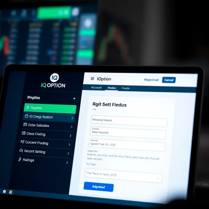Screenshot of IQ Option registration form showing fields for personal details and account setup