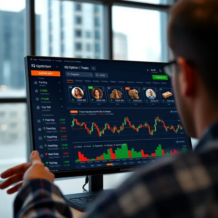 Dashboard view of IQ Option trading platform featuring various asset options and trading charts