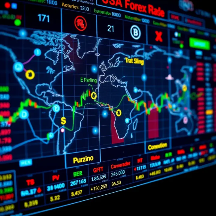 Digital representation of global currency exchange network showing multiple currencies and charts