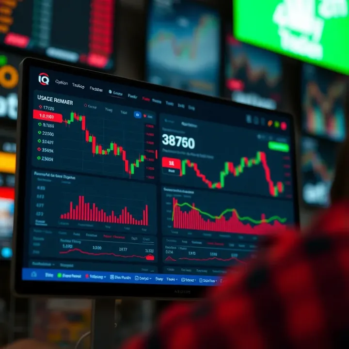 Screenshot displaying IQ Option trading dashboard with charts and asset options