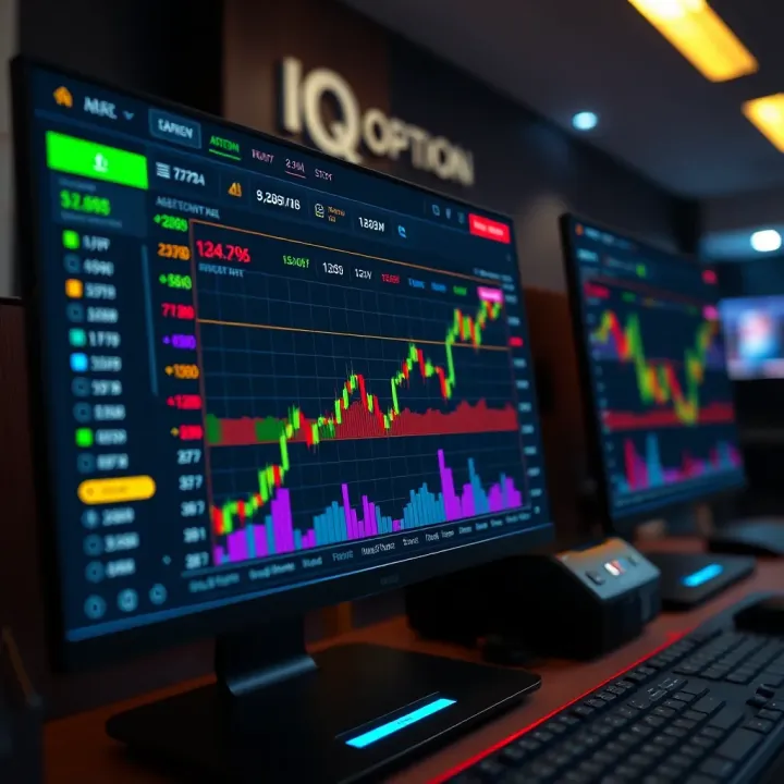 User interface of IQ Option trading platform showing asset selection and trading charts