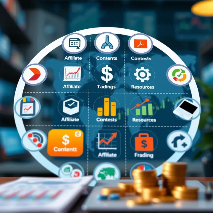 Graphic showing various financial tools and icons representing affiliate programs, contests, and educational resources for trading