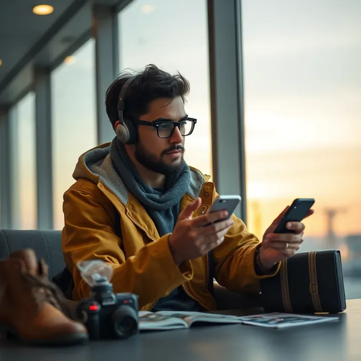 Traveler using a mobile phone for emergency contact while keeping personal safety items nearby