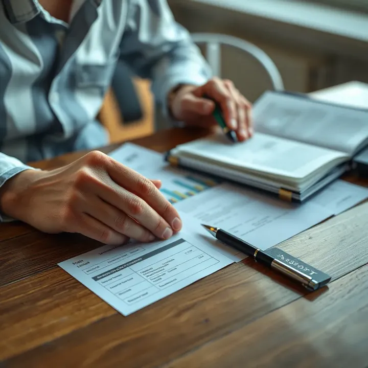 Traveler organizing travel documents and insurance papers on a wooden table with a passport and pen