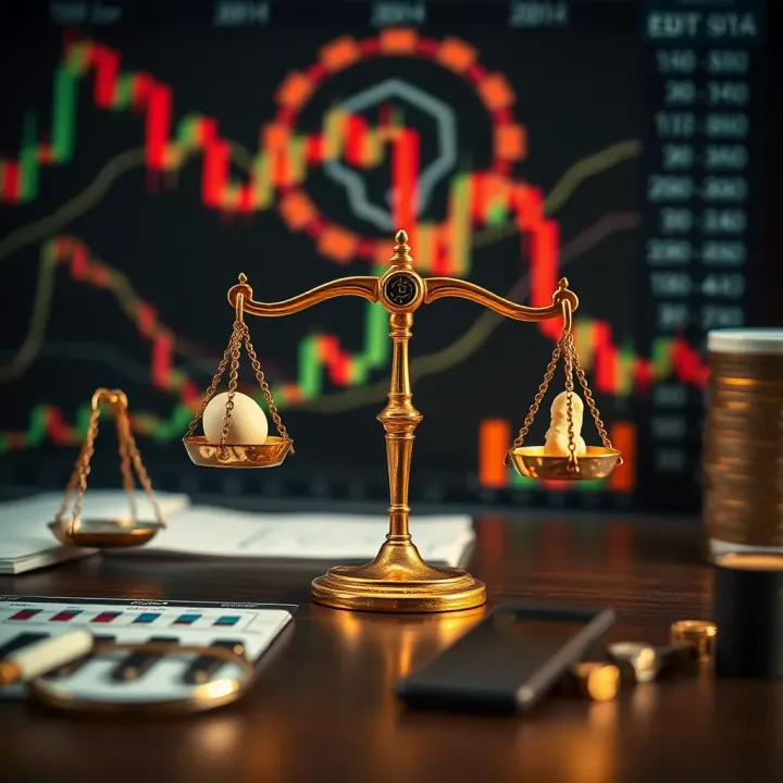 Managing Risk and Psychological Factors in Trading Conceptual illustration of risk management with charts, balance scales, and psychological elements