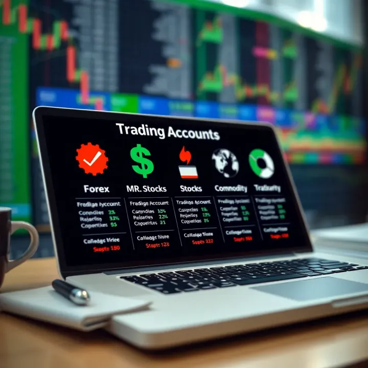 Graphic depicting different types of trading accounts with icons representing forex, stocks, and commodities