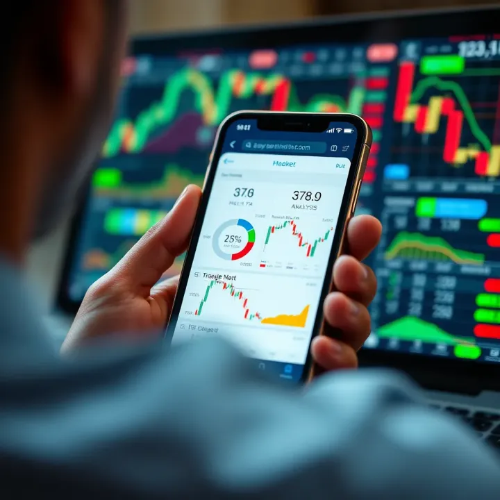 Smartphone screen displaying various trading charts and market analysis tools