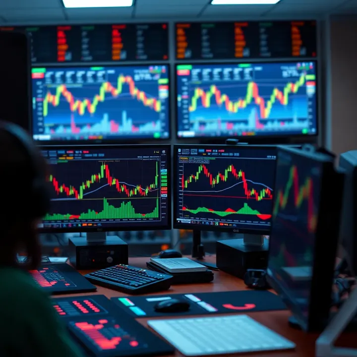 Multiple trading monitors displaying financial charts and real-time data for market analysis